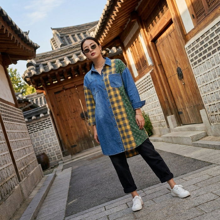 Robe chemise longue en jean oversize pour femme - K-fashion décontractée