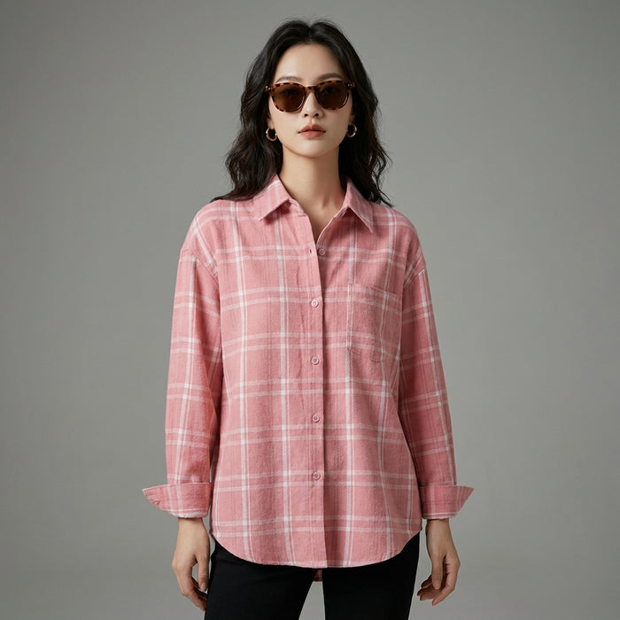Chemise oversize à carreaux rose femme - Mode décontractée K-fashion - Taille S