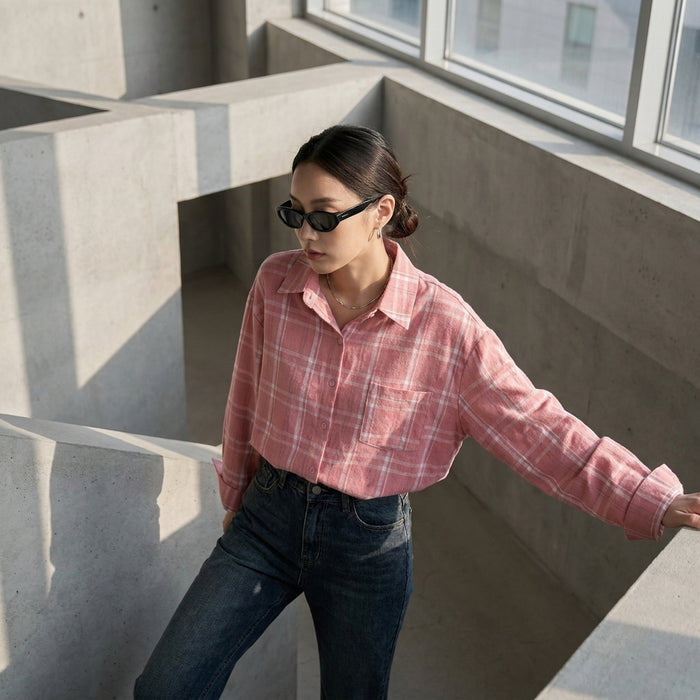 Chemise oversize à carreaux rose femme - Mode décontractée K-fashion
