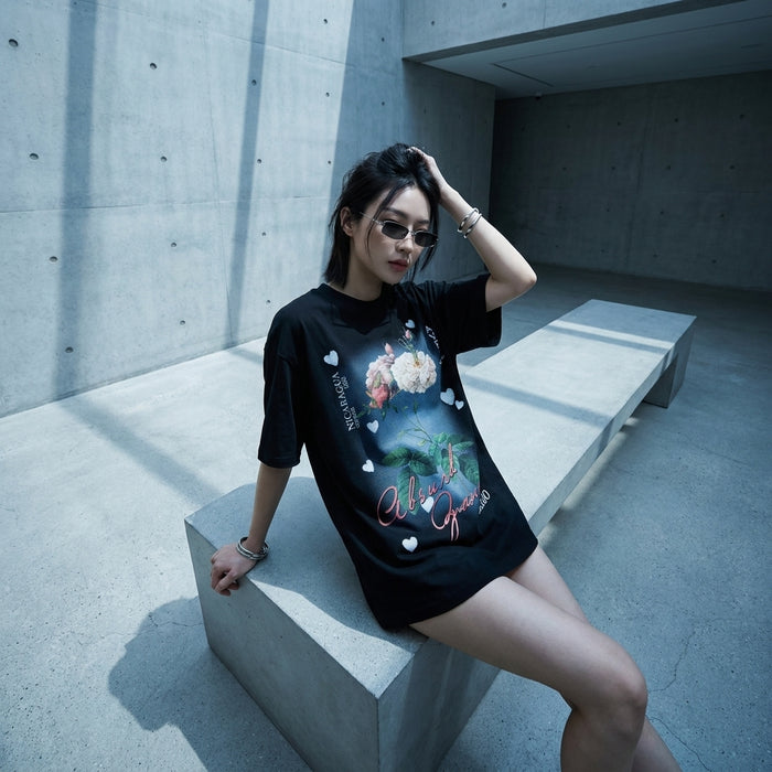 T-Shirt oversize noir imprimé rose - Mode K-fashion décontractée