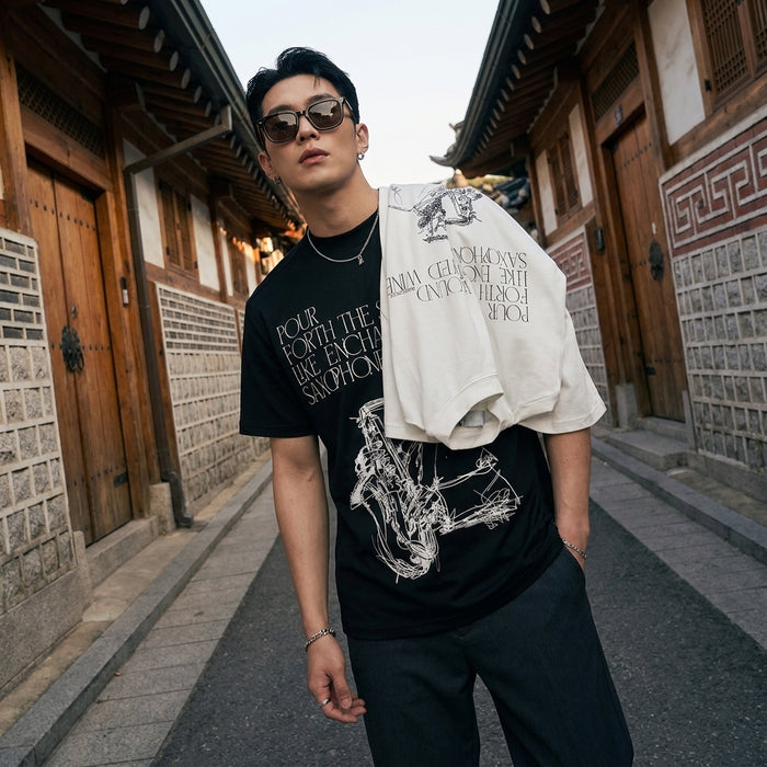T-Shirt oversize imprimé noir et blanc - Koreanxwear