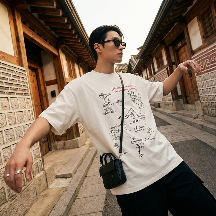 T-Shirt oversize imprimé noir et blanc unisexe - Koreanxwear