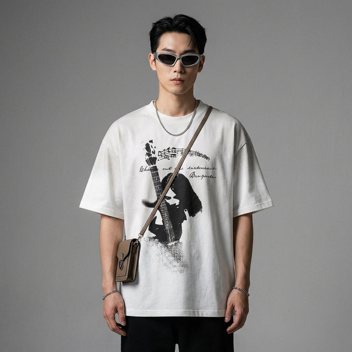 T-Shirt imprimé oversize rock noir en coton - Mode coréenne unisexe - Taille S