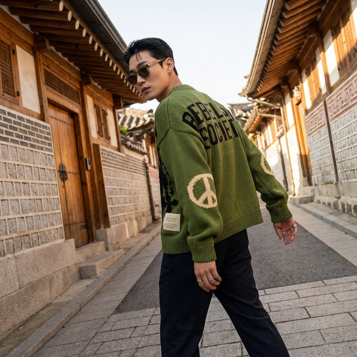 Pull oversize vert col rond streetwear - Koreanxwear