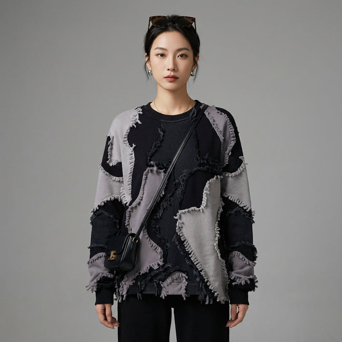 Sweat-shirt oversize noir col rond en coton - K-fashion décontractée - Taille S