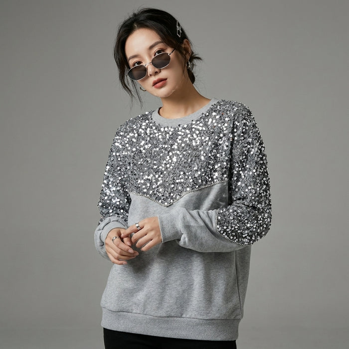 Sweat à capuche oversize gris avec paillettes brodées - Koreanxwear - Taille S