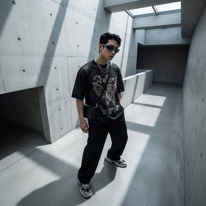 T-Shirt oversize Skateboard Angel noir - K-fashion homme