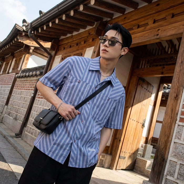 Chemise rayée oversize bleue pour homme - Mode coréenne streetwear