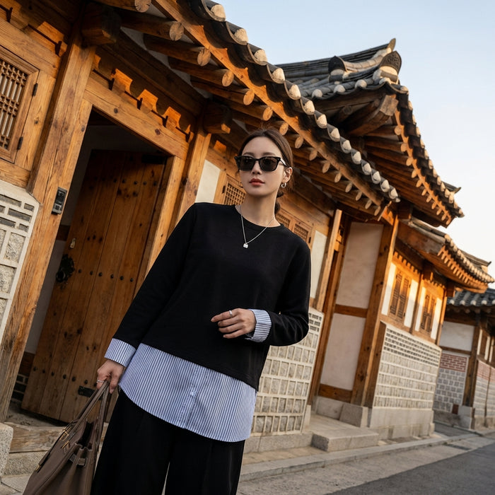 Sweat-shirt oversize noir effet deux pièces - K-fashion