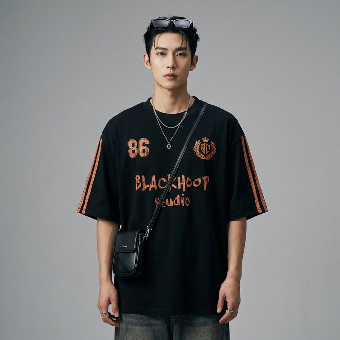 T-shirt oversize imprimé lettres, style streetwear K-fashion, noir et blanc - Taille M