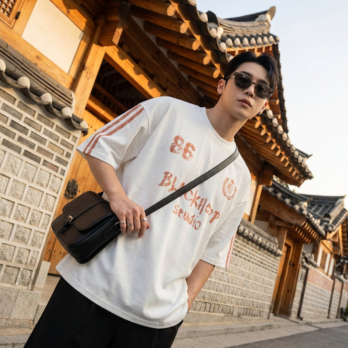 T-shirt oversize imprimé lettres, style streetwear K-fashion, noir et blanc