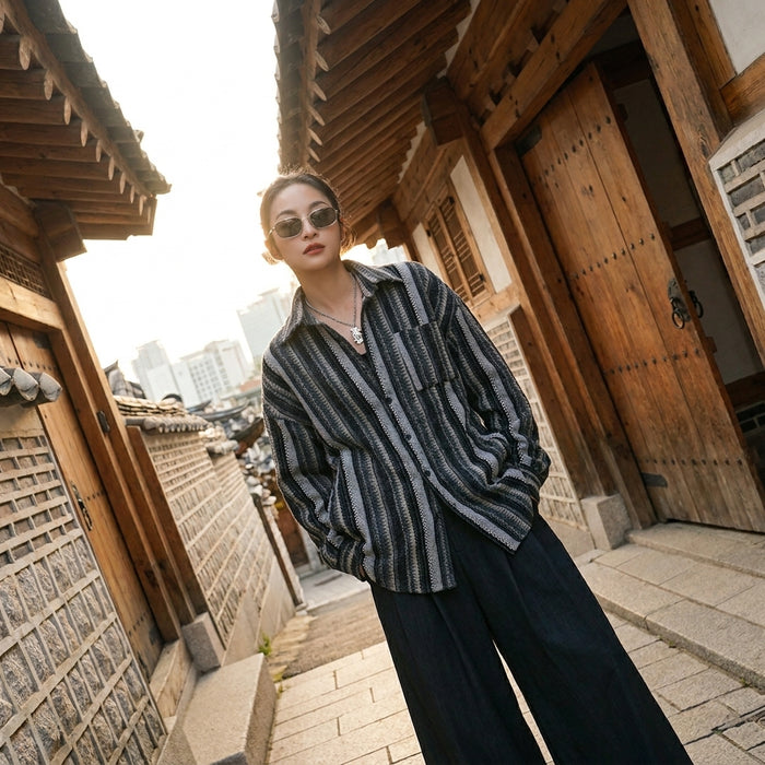 Chemisier rayé oversize avec col polo et manches longues - Koreanxwear