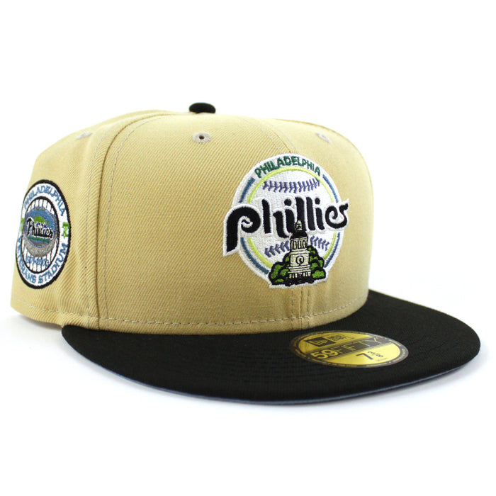 Philadelphia Phillies Veterans Stadium 59Fifty New Era Fitted Hat (VEGAS GOLD BLACK BIRDSEYE BLUE Under Brim)