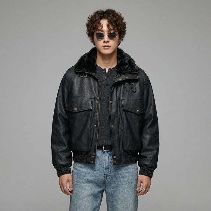 Veste pilote homme en polyester noir, style streetwear décontracté. Idéale pour l'hiver. - Taille S