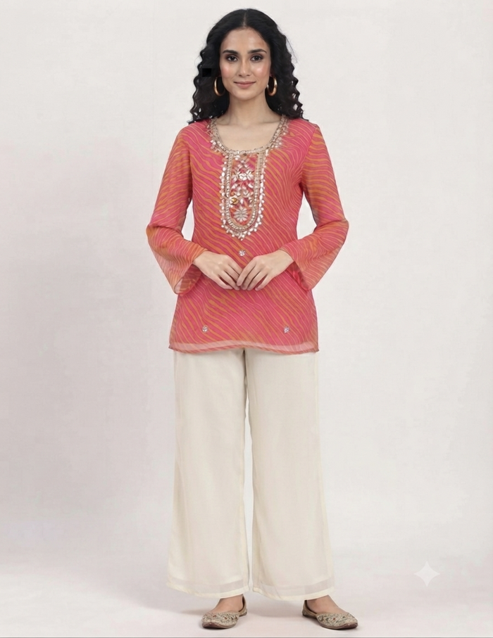 Model wearing a vibrant pink and orange leheriya tunic with detailed embroidery against a neutral background