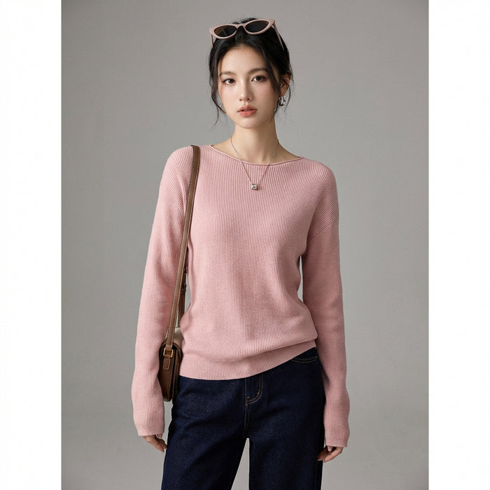 Pull rose en maille à col rond, style K-fashion décontracté - Taille Pink