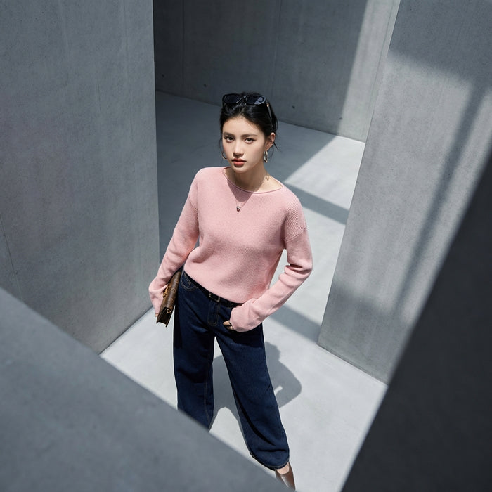 Pull rose en maille à col rond, style K-fashion décontracté