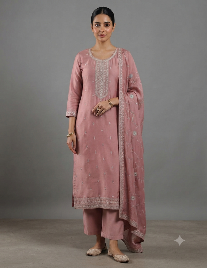 Model posing in a classic pink embroidered kurta set against a simple grey background.