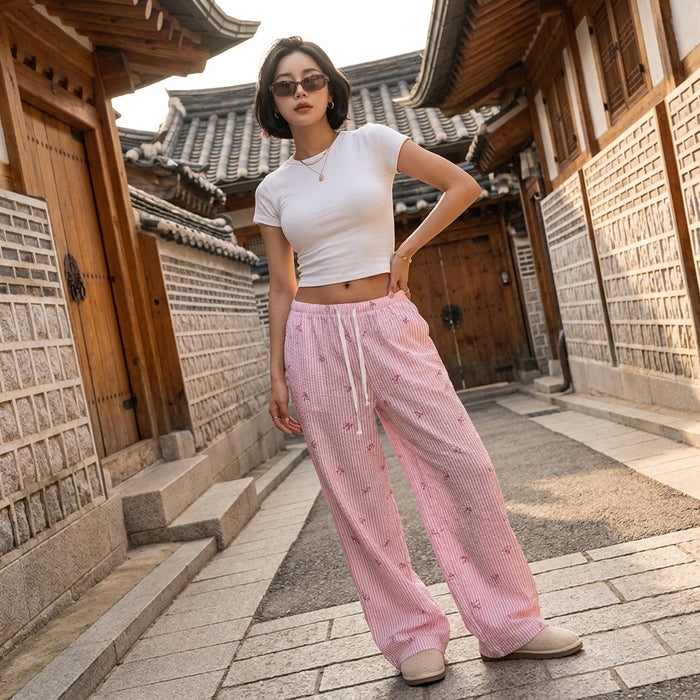 Pantalon large rayé rose femme, style business casual K-fashion