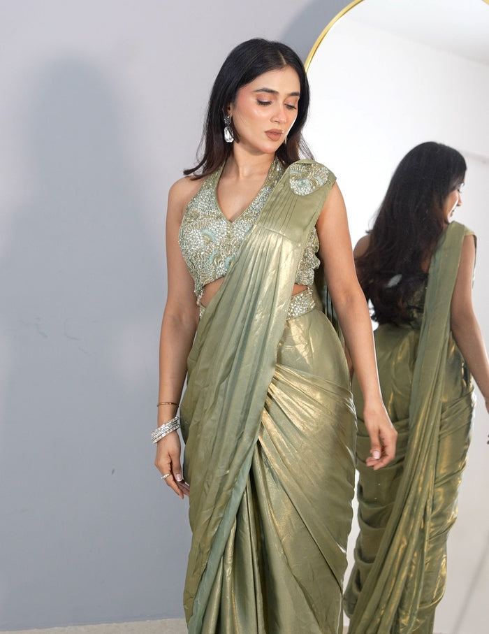 Pista Green Pre- drape Saree