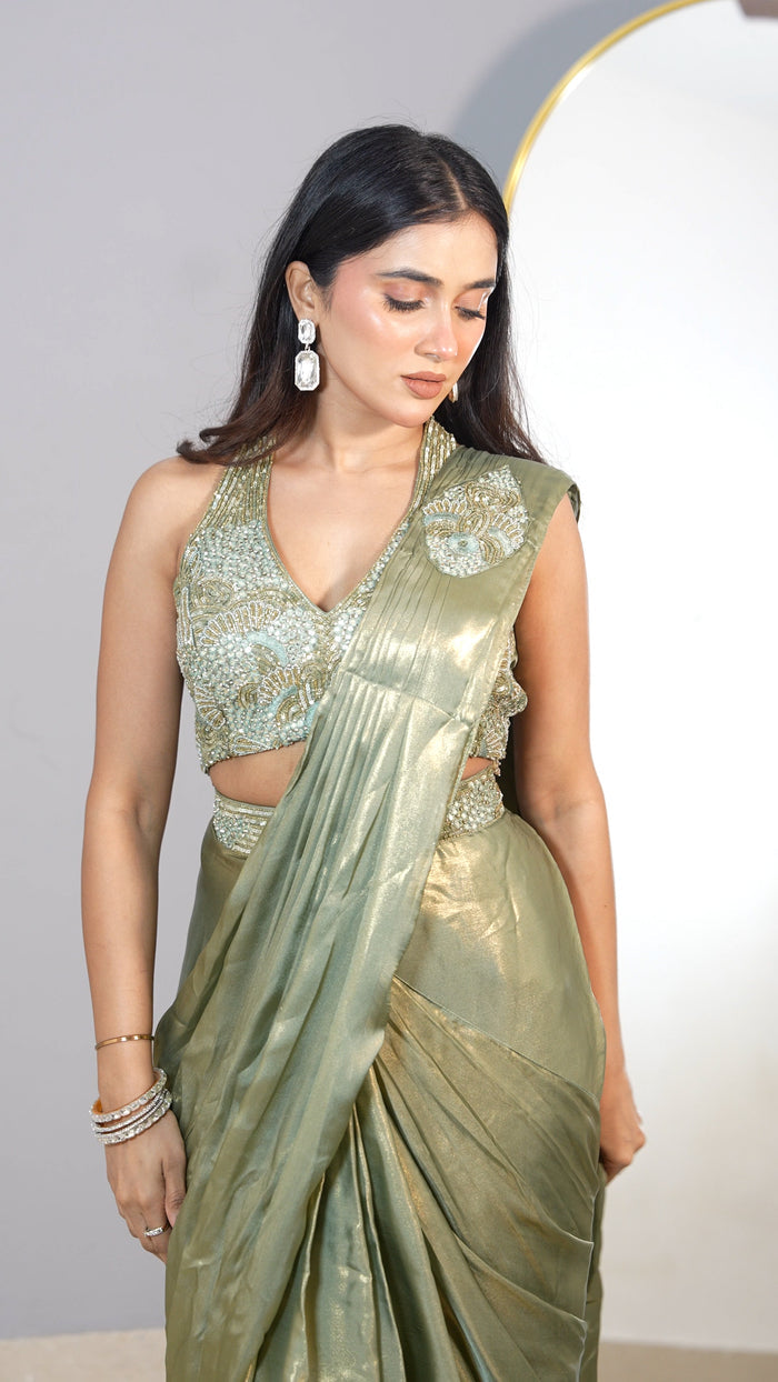 Pista Green Pre- drape Saree