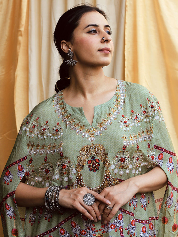 Jabeen Pista Moroccan Satin Silk Festive Dress front view
