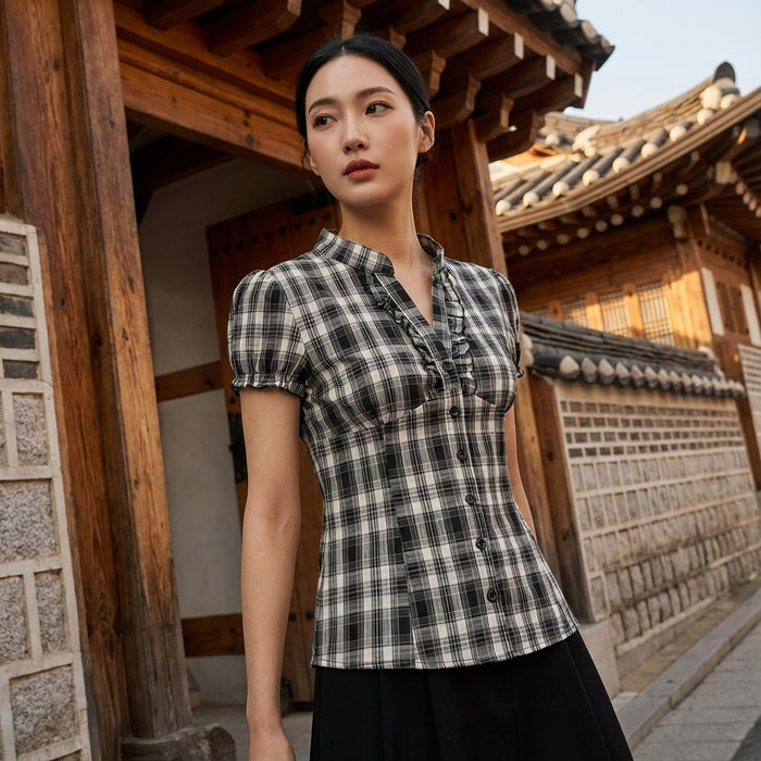 Chemise à carreaux noir et blanc col V volants - Mode Coréenne