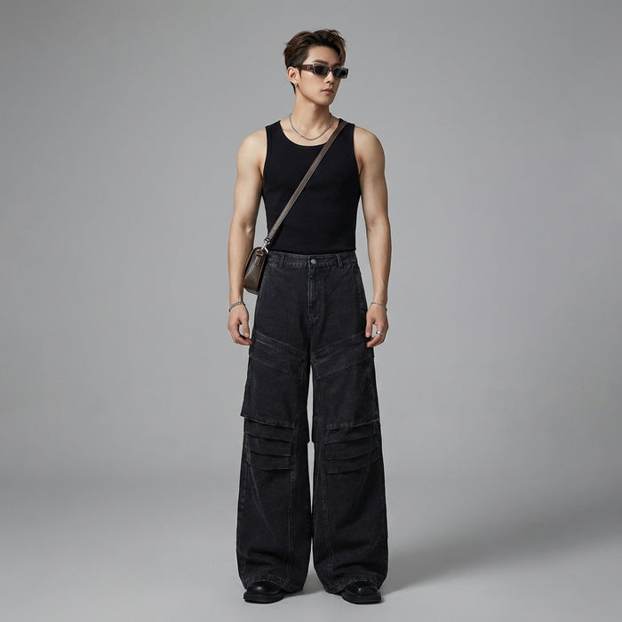 Pantalon cargo denim plissé homme, coupe large, poches multiples - Koreanxwear - Taille M