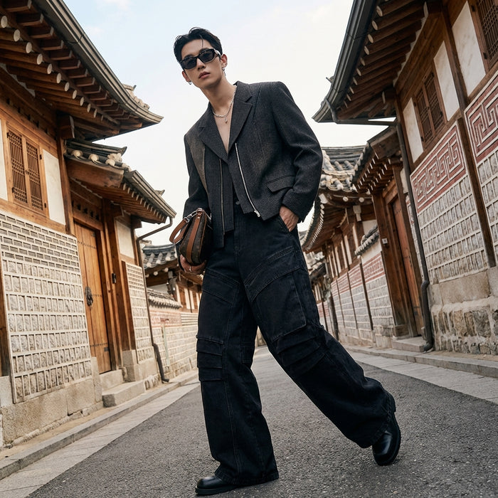 Pantalon cargo denim plissé homme, coupe large, poches multiples - Koreanxwear