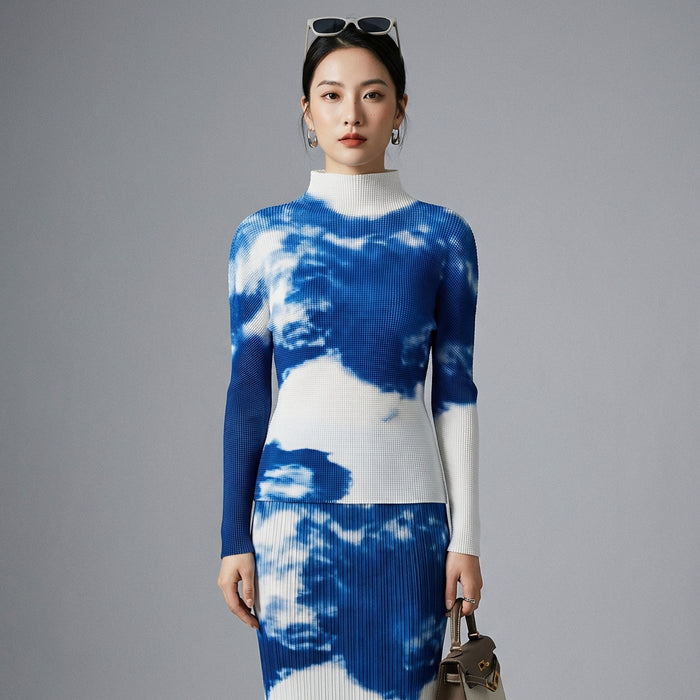 Ensemble plissé bleu col montant et jupe longue - Mode coréenne femme - Taille One size top