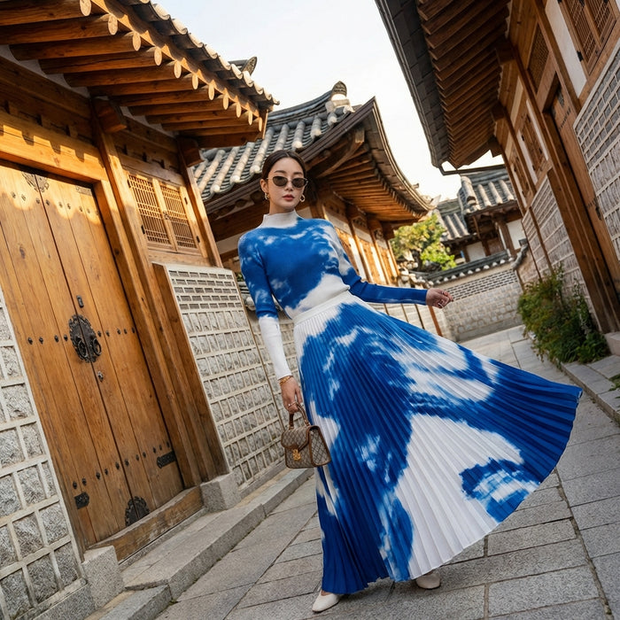 Ensemble plissé bleu col montant et jupe longue - Mode coréenne femme