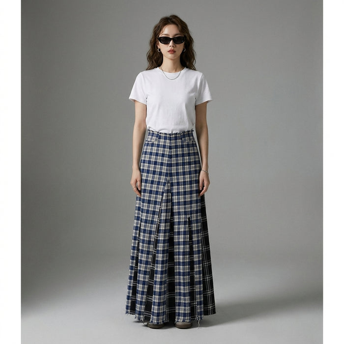 Jupe midi plissée à carreaux bleue avec taille haute et ourlet effiloché - Koreanxwear - Taille XS