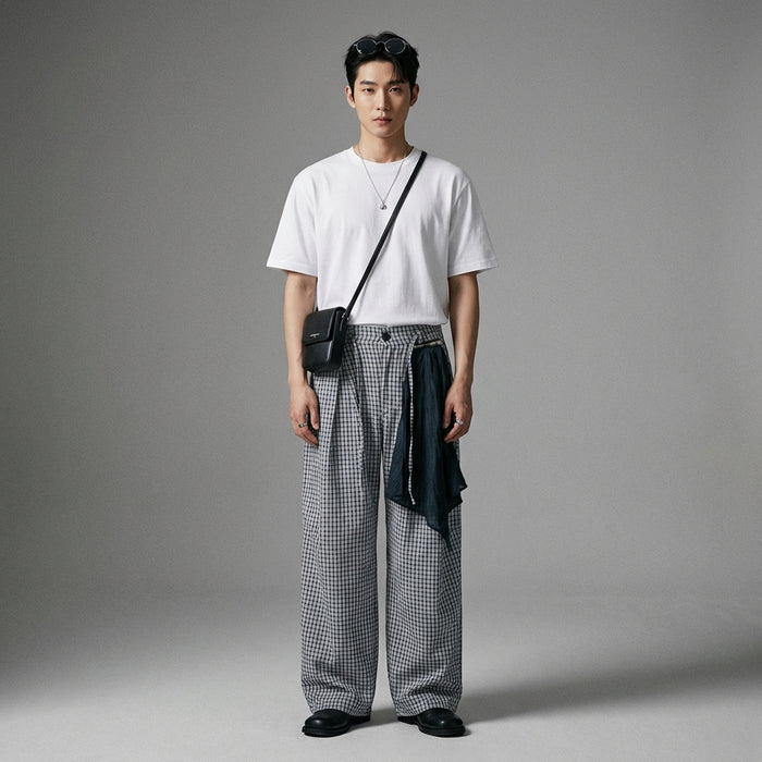 Pantalon streetwear à carreaux plissé blanc et bleu pour homme - Koreanxwear - Taille S