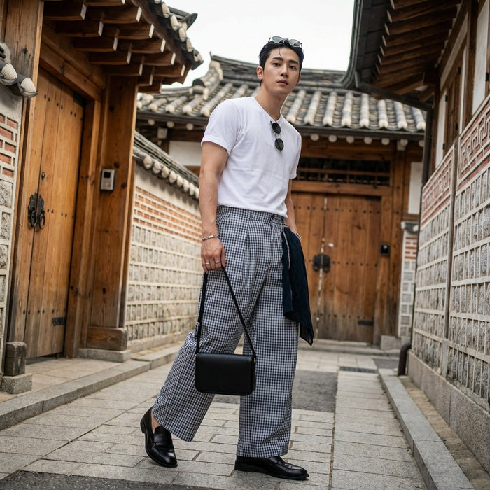 Pantalon streetwear à carreaux plissé blanc et bleu pour homme - Koreanxwear