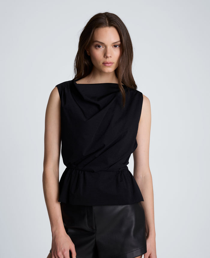 Pleated Sleeve Cowl Neck Peplum Top