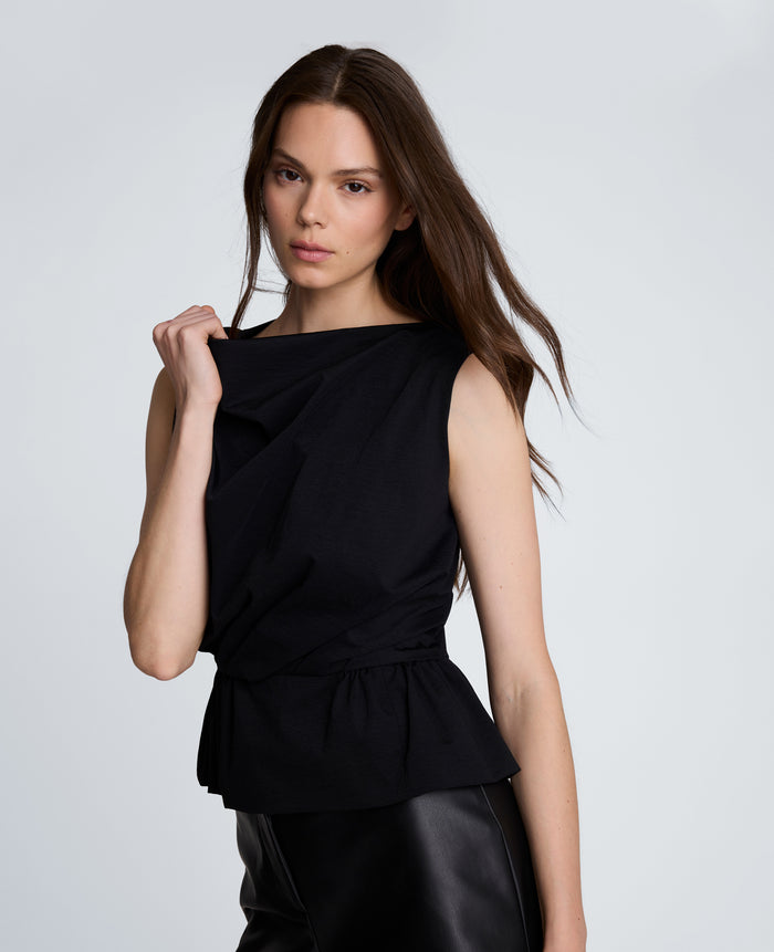 Pleated Sleeve Cowl Neck Peplum Top