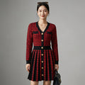 Robe plissée col V pied-de-poule noir et claret - Koreanxwear - Taille S
