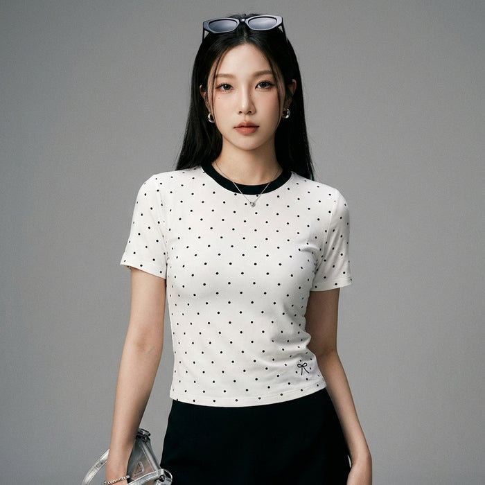 T-shirt blanc à pois col rond pour femme - Koreanxwear - Taille S