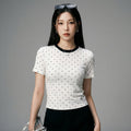 T-shirt blanc à pois col rond pour femme - Koreanxwear - Taille S