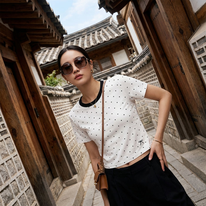 T-shirt blanc à pois col rond pour femme - Koreanxwear