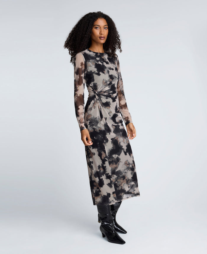 Printed Mesh Knot Front Long Sleeve Midi Dress
