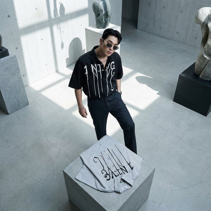 Chemise oversize imprimée lettre noire - Mode K-fashion décontractée
