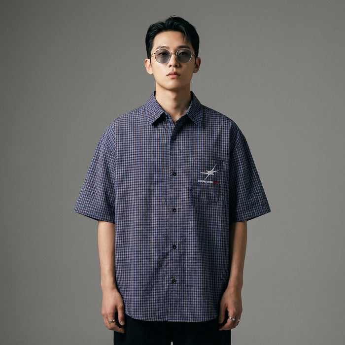 Chemise à carreaux imprimée noire et bleue, coupe ample, style streetwear K-fashion - Taille M