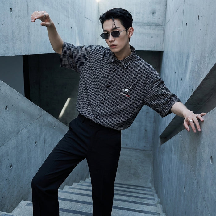 Chemise à carreaux imprimée noire et bleue, coupe ample, style streetwear K-fashion