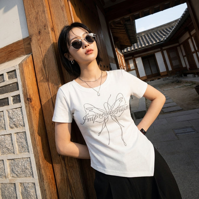 T-shirt court streetwear imprimé, couleur noire - Mode Coréenne