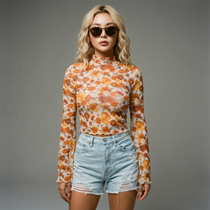 Top imprimé floral manches évasées tangerine - K-fashion femme - Taille (US 16-18)XL