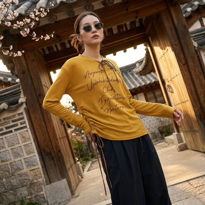 T-shirt manches longues imprimé col V femme - K-fashion Coréenne