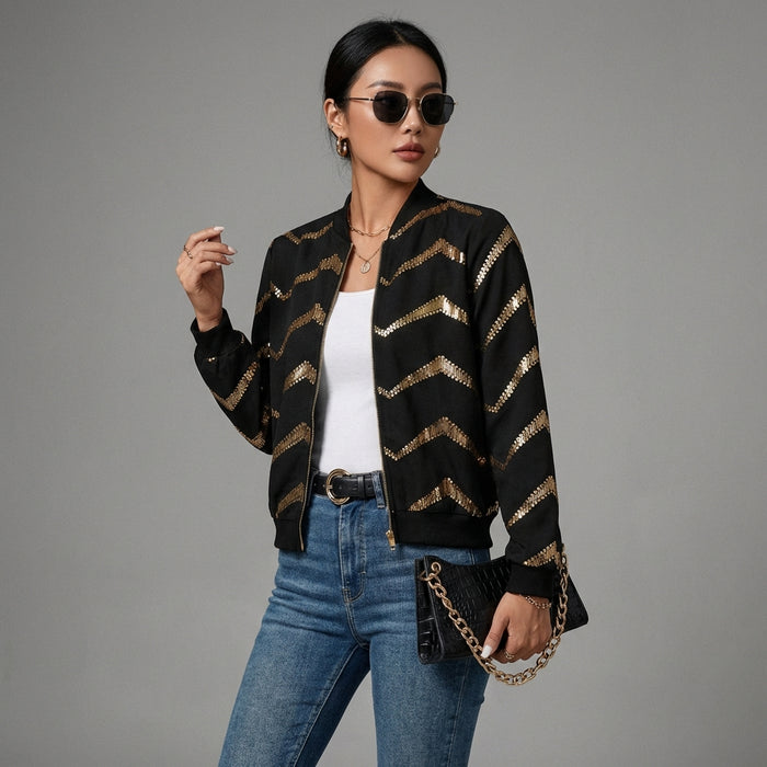 Veste baseball zippée imprimée noire, mode streetwear coréenne - Taille 2XL - Grande Taille