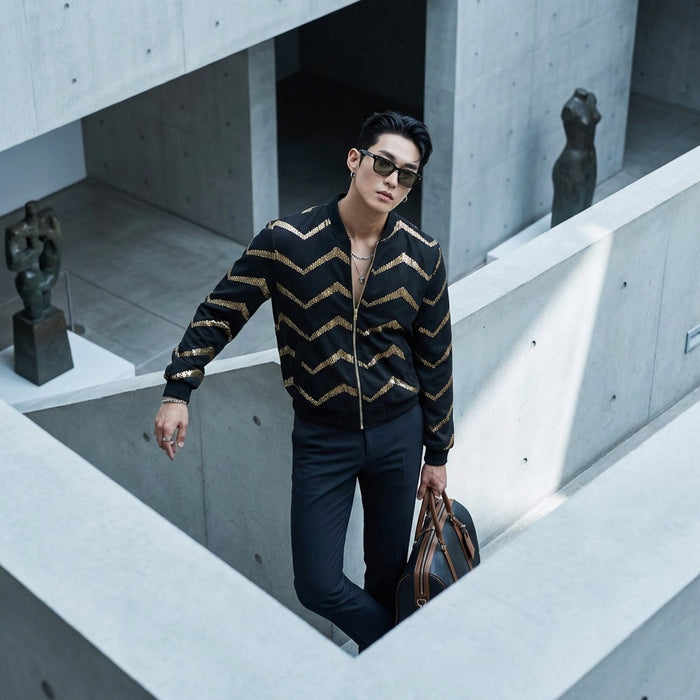 Veste baseball zippée imprimée noire, mode streetwear coréenne