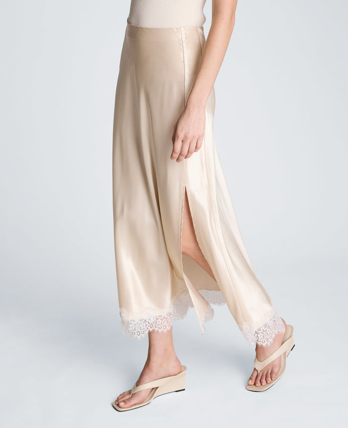 Pull On Midi Skirt with Side Slit & Lace Trim